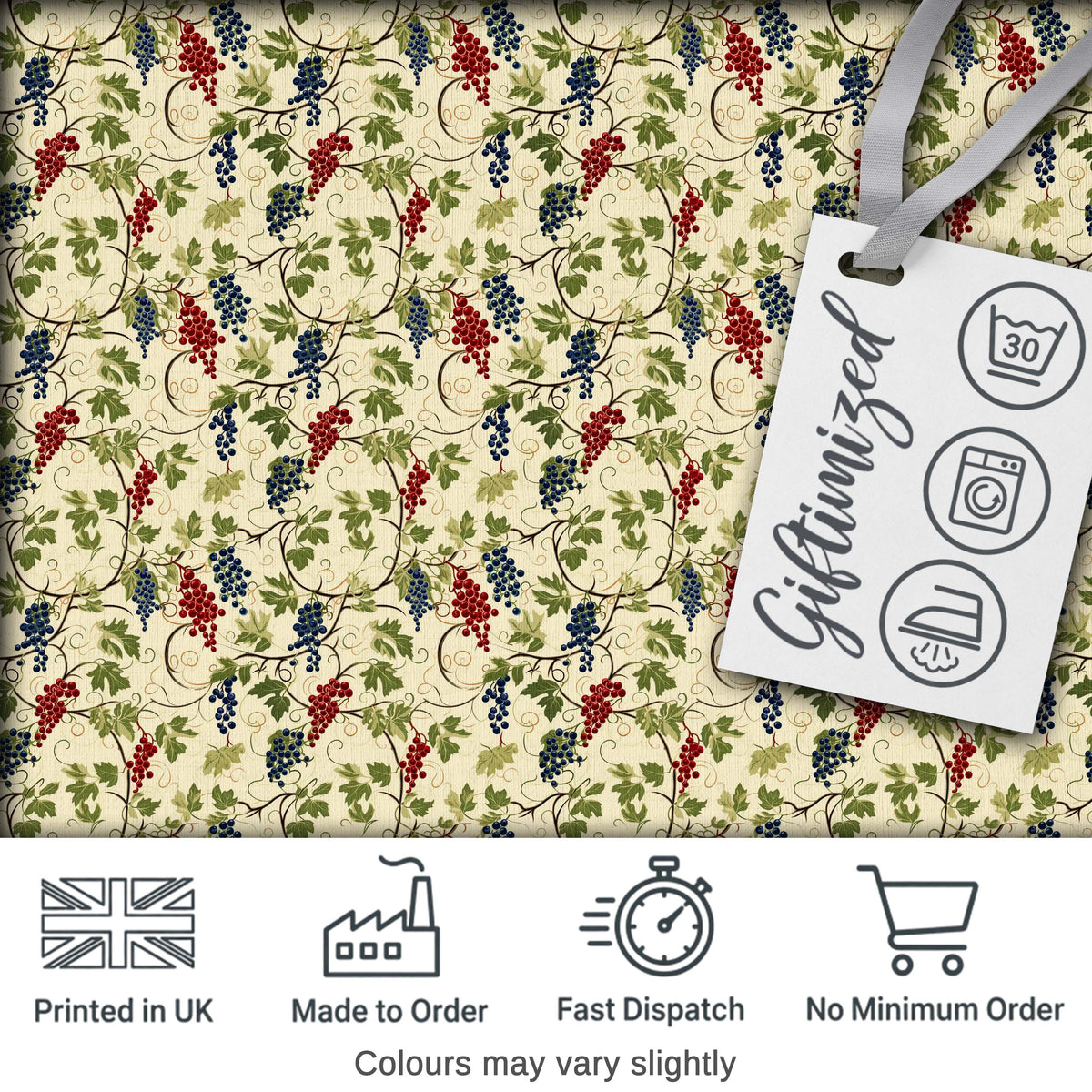 Red and Blue Berry Vine Leaves Seamless Pattern Digital Print Fabric by the Metre UK Sewing Quilting Textile
