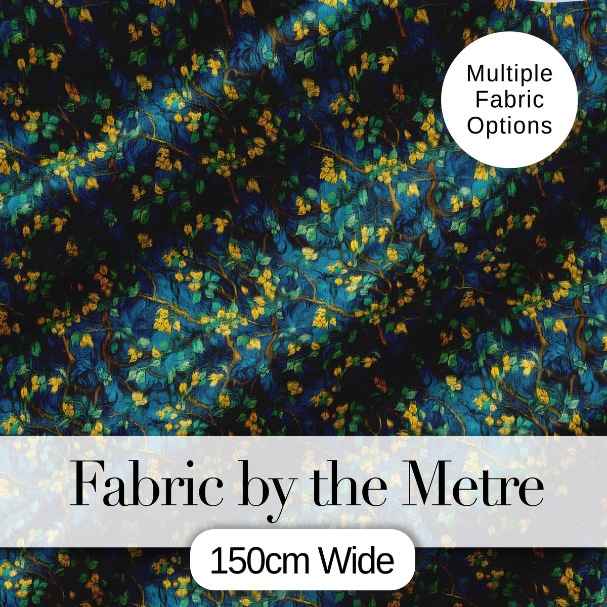 Dark Teal Floral Vine with Yellow Leaves Seamless Pattern Digital Print Fabric by the Metre UK Sewing Quilting Textile