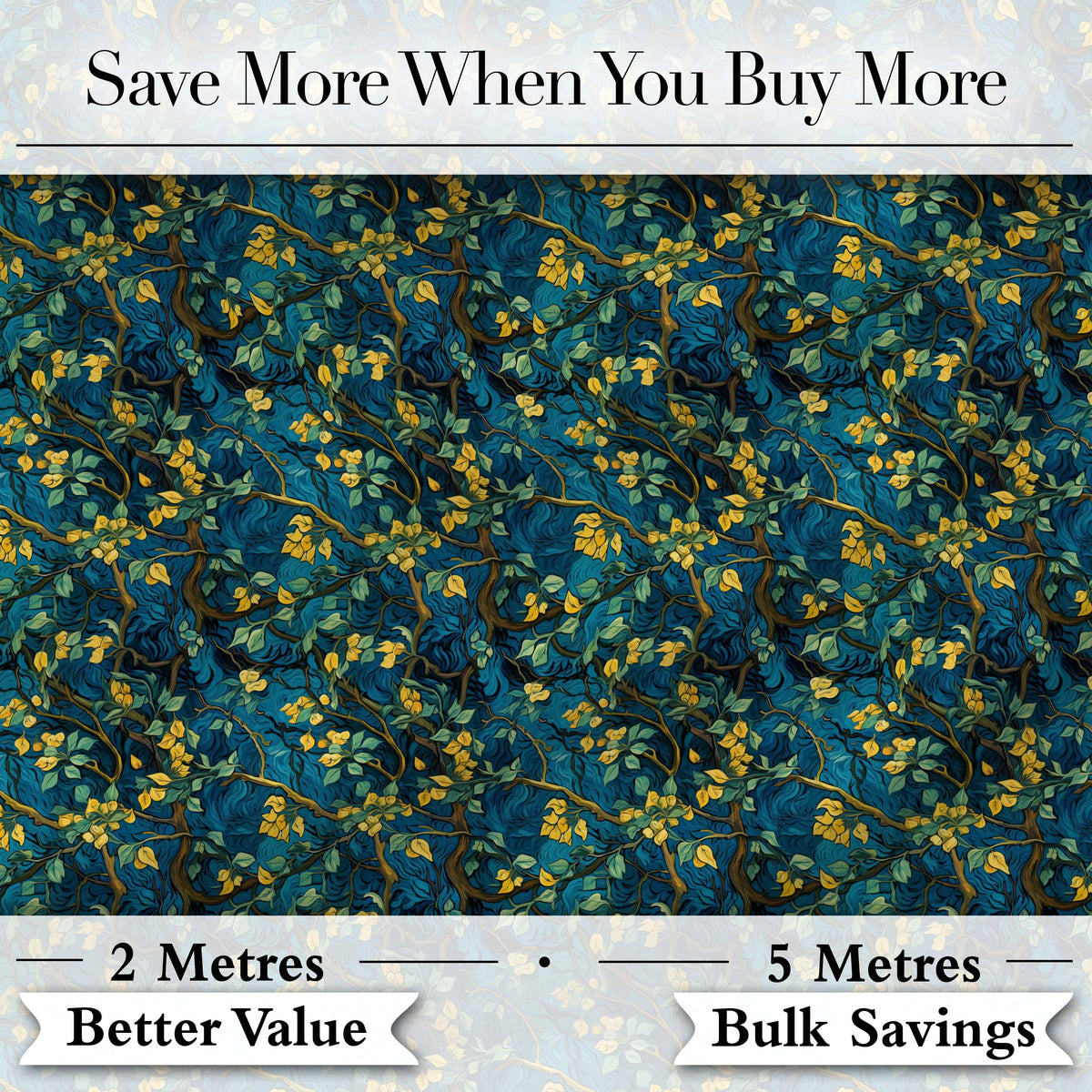 Dark Teal Floral Vine with Yellow Leaves Seamless Pattern Digital Print Fabric by the Metre UK Sewing Quilting Textile