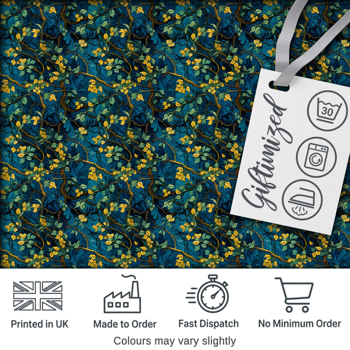 Dark Teal Floral Vine with Yellow Leaves Seamless Pattern Digital Print Fabric by the Metre UK Sewing Quilting Textile