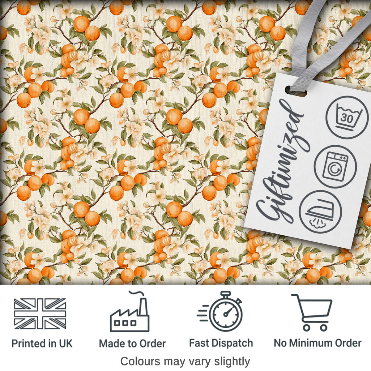 Vintage Orange Blossom Branch Seamless Pattern Digital Print Fabric by the Metre UK Sewing Quilting Textile