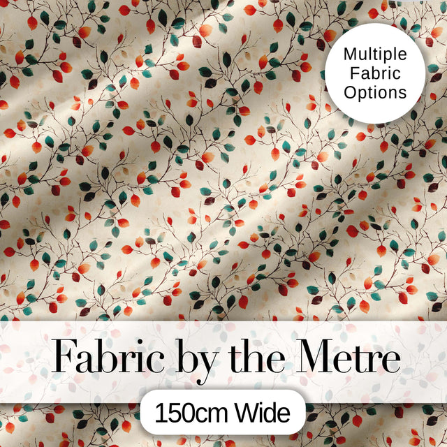 Autumn Branches with Red and Teal Leaves Seamless Pattern Digital Print Fabric by the Metre UK Sewing Quilting Textile
