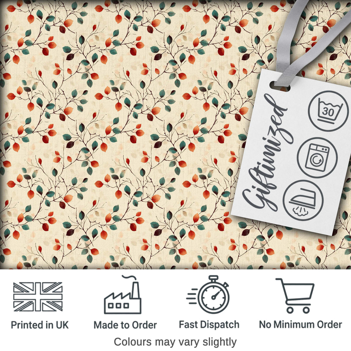 Autumn Branches with Red and Teal Leaves Seamless Pattern Digital Print Fabric by the Metre UK Sewing Quilting Textile