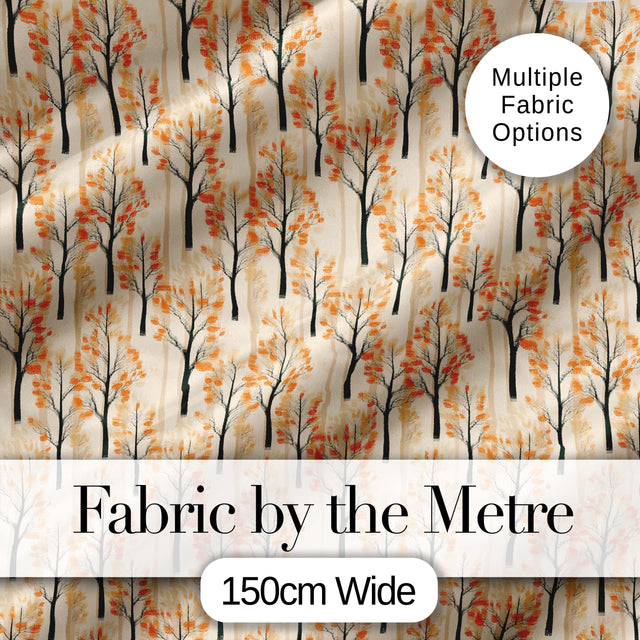 Minimalist Autumn Trees with Orange Leaves Seamless Pattern Digital Print Fabric by the Metre UK Sewing Quilting Textile
