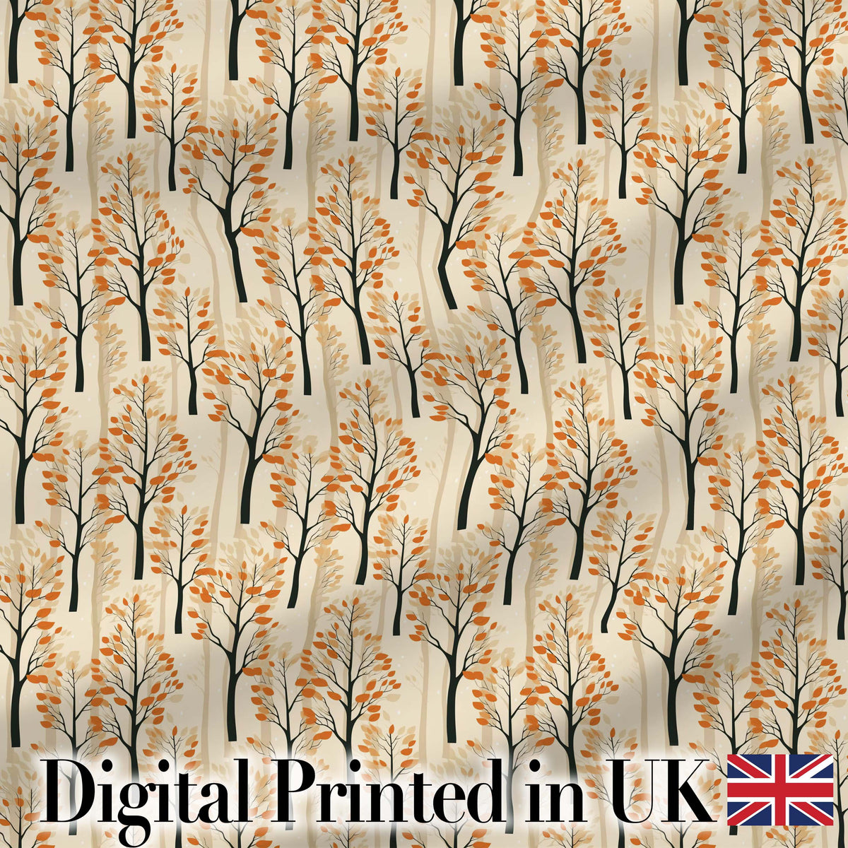 Minimalist Autumn Trees with Orange Leaves Seamless Pattern Digital Print Fabric by the Metre UK Sewing Quilting Textile
