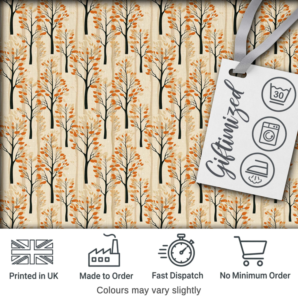 Minimalist Autumn Trees with Orange Leaves Seamless Pattern Digital Print Fabric by the Metre UK Sewing Quilting Textile