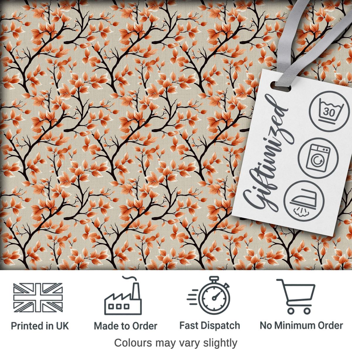 Floral Autumn Branches with Orange Blossoms Seamless Pattern Digital Print Fabric by the Metre UK Sewing Quilting Textile
