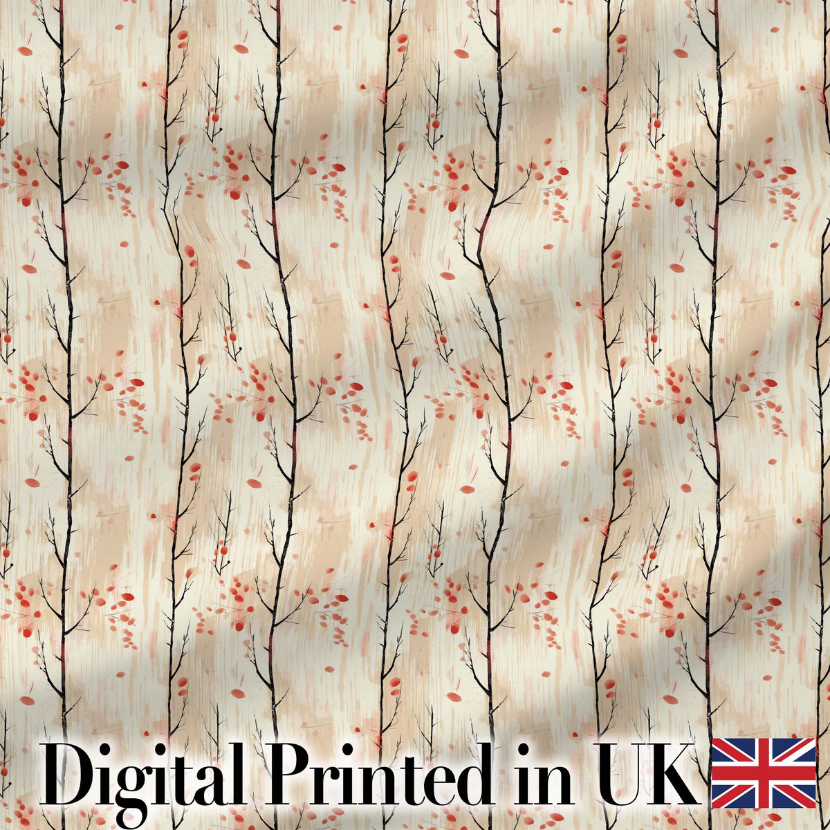 Minimal Birch Trees with Red Leaves Soft Autumn Seamless Pattern Digital Print Fabric by the Metre UK Sewing Quilting Textile