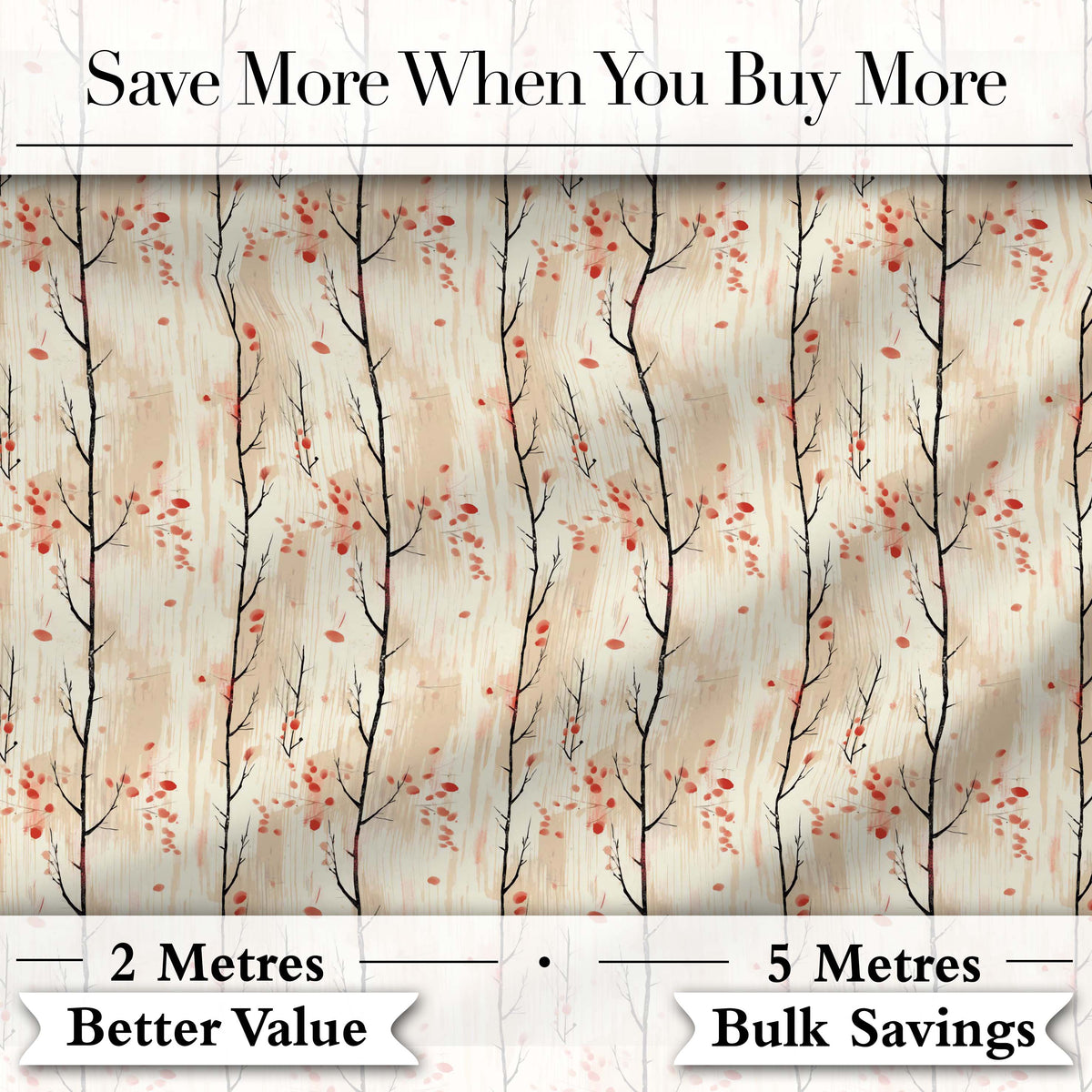 Minimal Birch Trees with Red Leaves Soft Autumn Seamless Pattern Digital Print Fabric by the Metre UK Sewing Quilting Textile