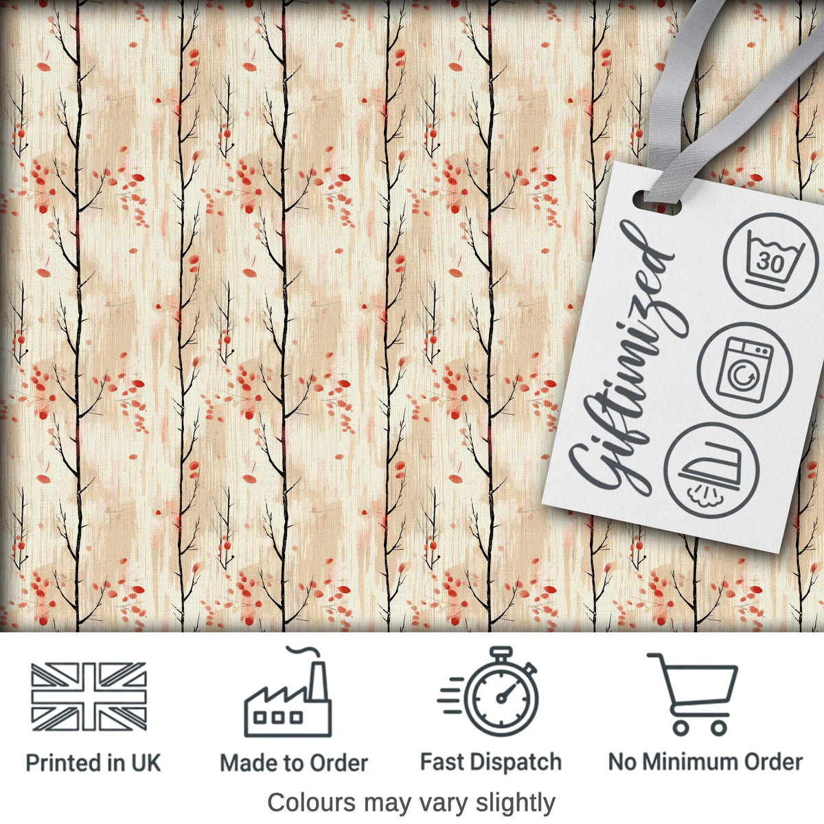 Minimal Birch Trees with Red Leaves Soft Autumn Seamless Pattern Digital Print Fabric by the Metre UK Sewing Quilting Textile