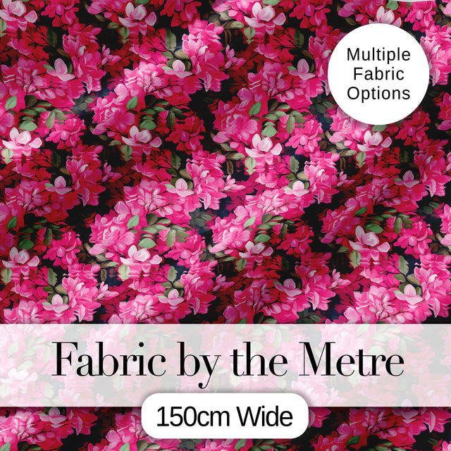 Dark Background Pink Blossoms Lush Floral Seamless Pattern Digital Print Fabric by the Metre UK Sewing Quilting Textile