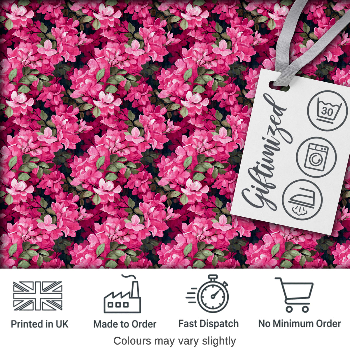 Dark Background Pink Blossoms Lush Floral Seamless Pattern Digital Print Fabric by the Metre UK Sewing Quilting Textile