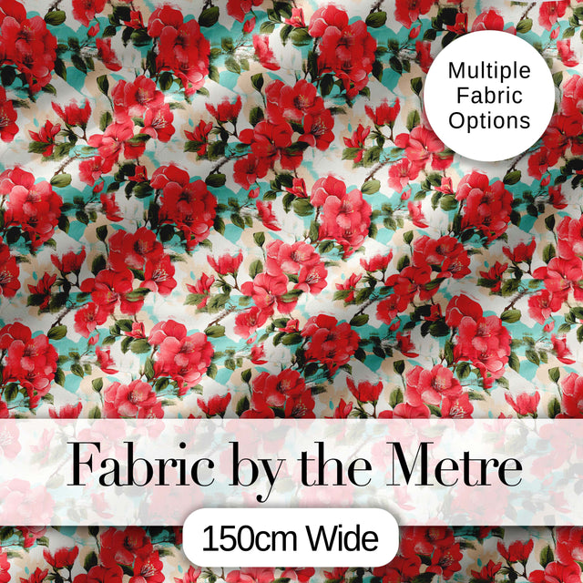 Vintage Red Hibiscus Flowers with Soft Blue Background Seamless Pattern Digital Print Fabric by the Metre UK Sewing Quilting Textile