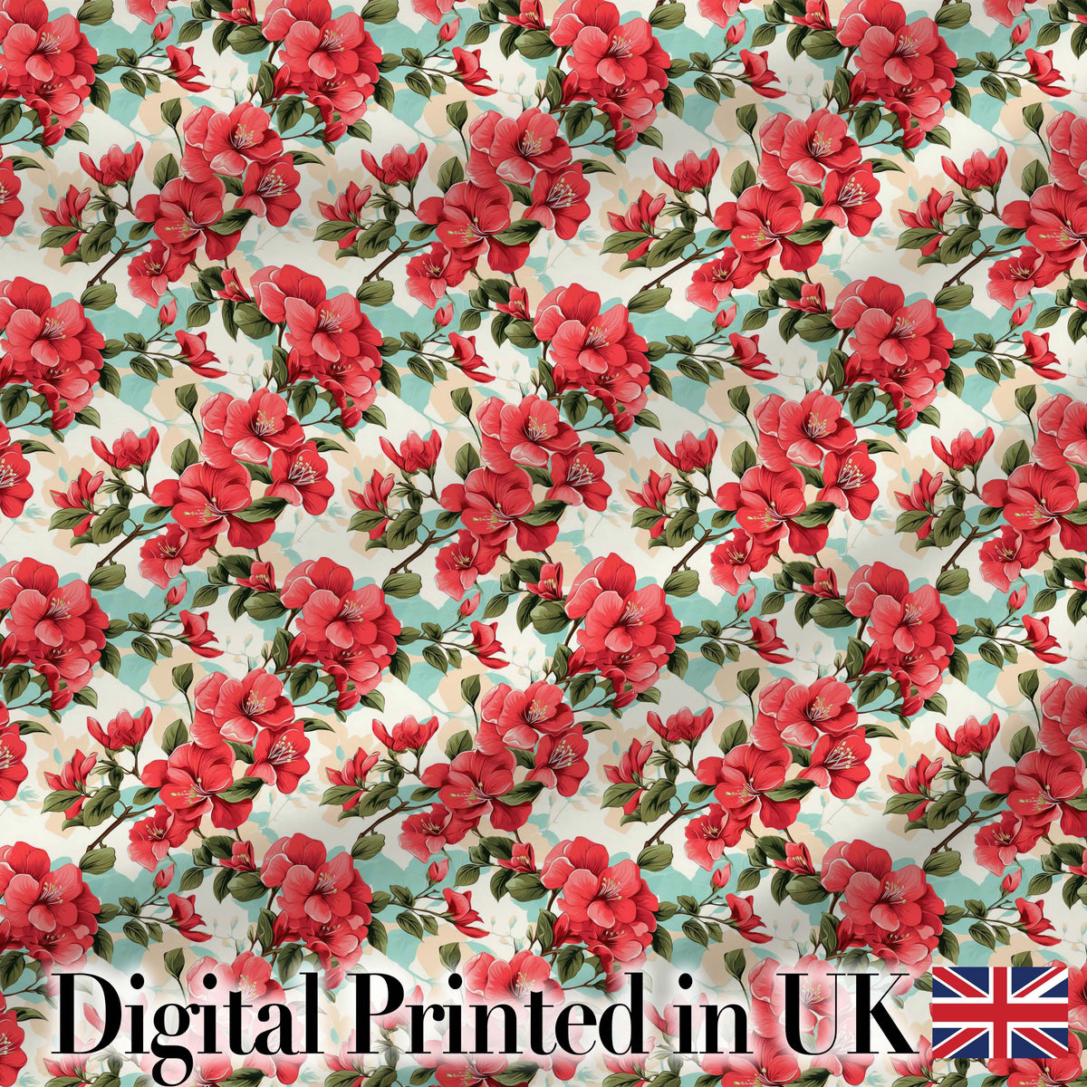 Vintage Red Hibiscus Flowers with Soft Blue Background Seamless Pattern Digital Print Fabric by the Metre UK Sewing Quilting Textile