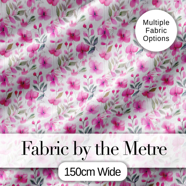 Delicate Pink Watercolor Flowers and Leaves Seamless Pattern Digital Print Fabric by the Metre UK Sewing Quilting Textile