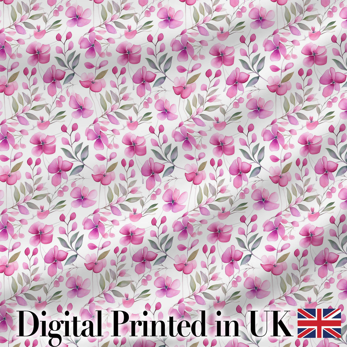 Delicate Pink Watercolor Flowers and Leaves Seamless Pattern Digital Print Fabric by the Metre UK Sewing Quilting Textile