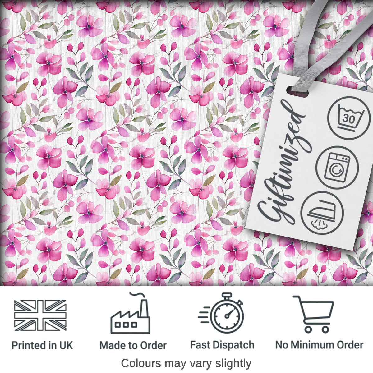 Delicate Pink Watercolor Flowers and Leaves Seamless Pattern Digital Print Fabric by the Metre UK Sewing Quilting Textile