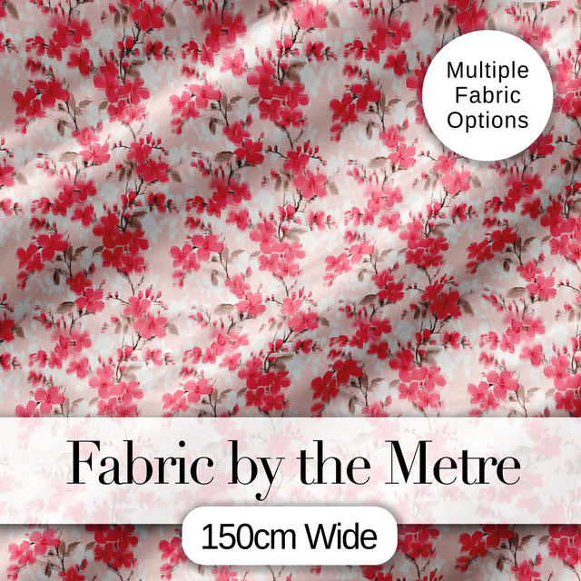 Coral Cherry Blossom Floral Branches on Beige Background Seamless Pattern Digital Print Fabric by the Metre UK Sewing Quilting Textile