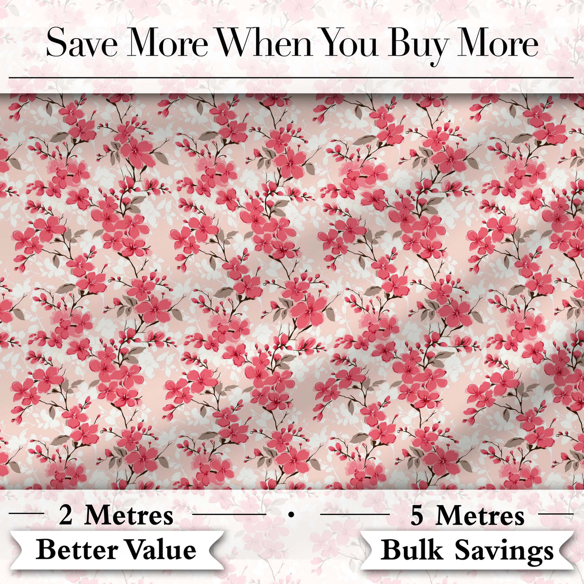 Coral Cherry Blossom Floral Branches on Beige Background Seamless Pattern Digital Print Fabric by the Metre UK Sewing Quilting Textile