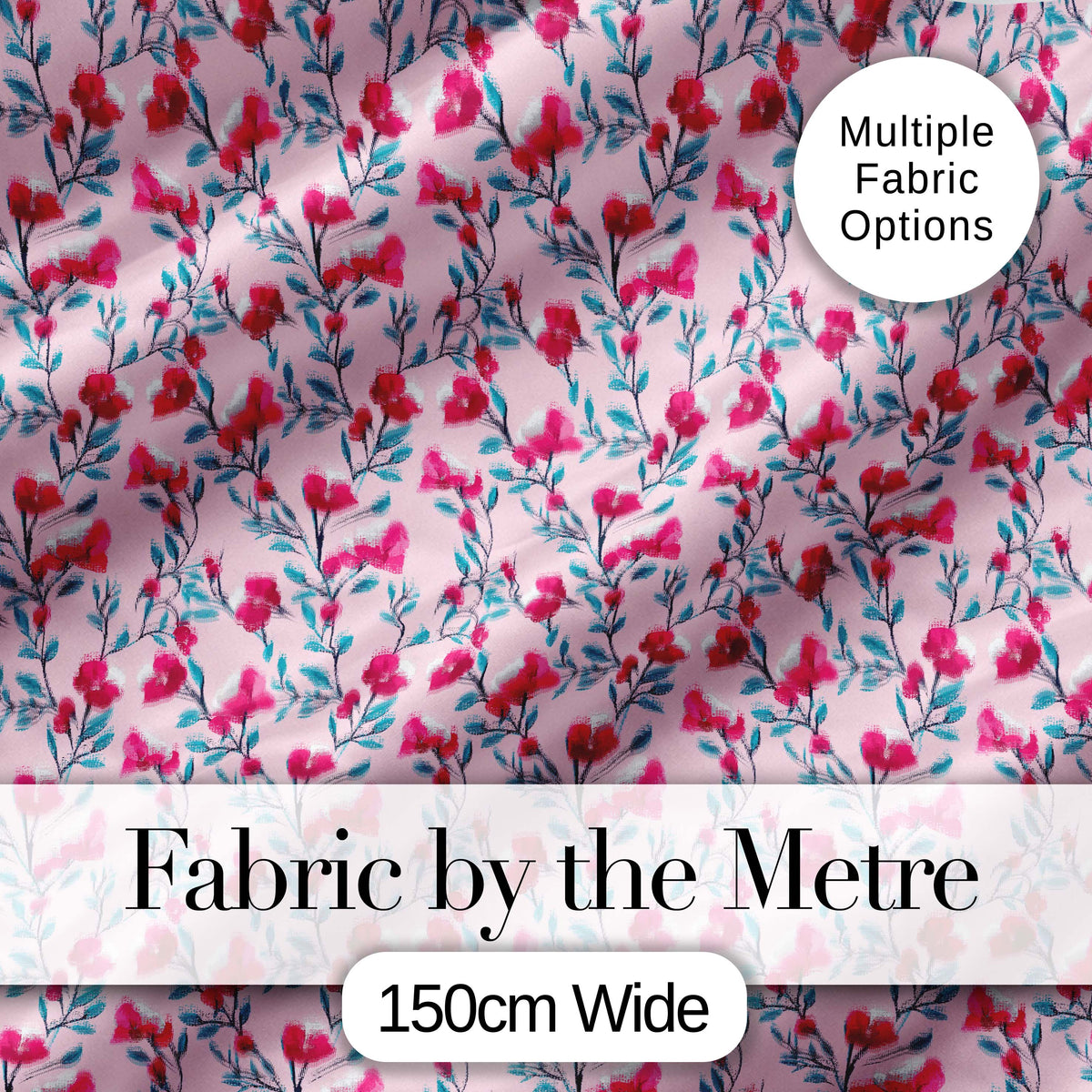 Modern Pink Floral Vine Pattern with Teal Leaves Seamless Pattern Digital Print Fabric by the Metre UK Sewing Quilting Textile