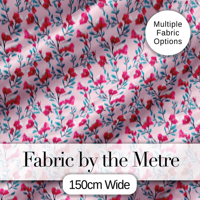 Modern Pink Floral Vine Pattern with Teal Leaves Seamless Pattern Digital Print Fabric by the Metre UK Sewing Quilting Textile