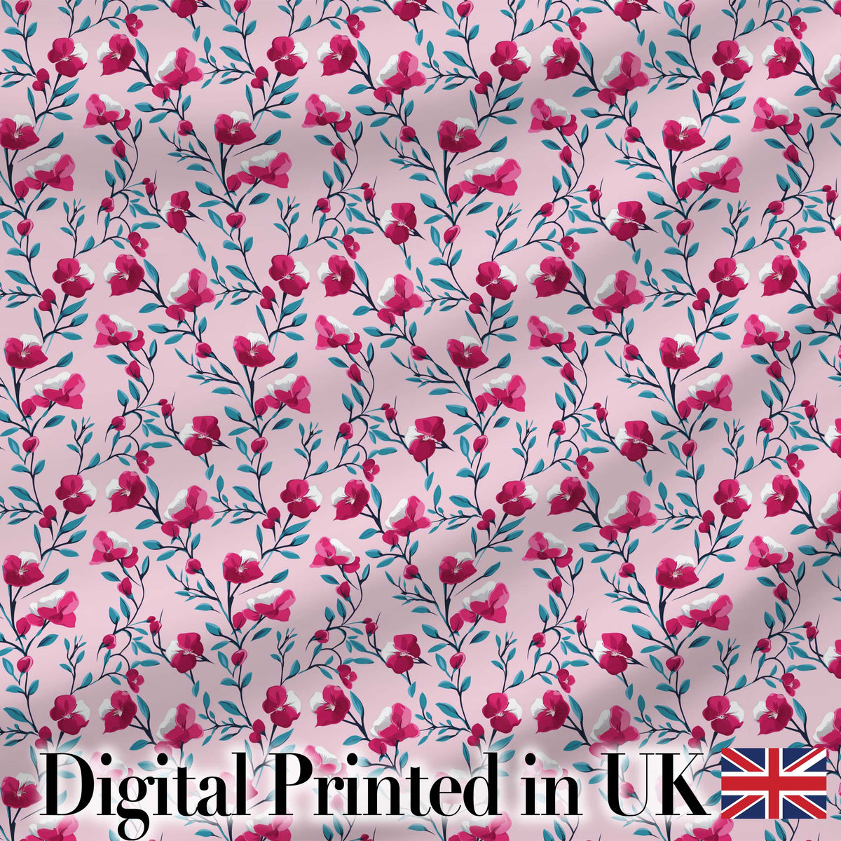 Modern Pink Floral Vine Pattern with Teal Leaves Seamless Pattern Digital Print Fabric by the Metre UK Sewing Quilting Textile