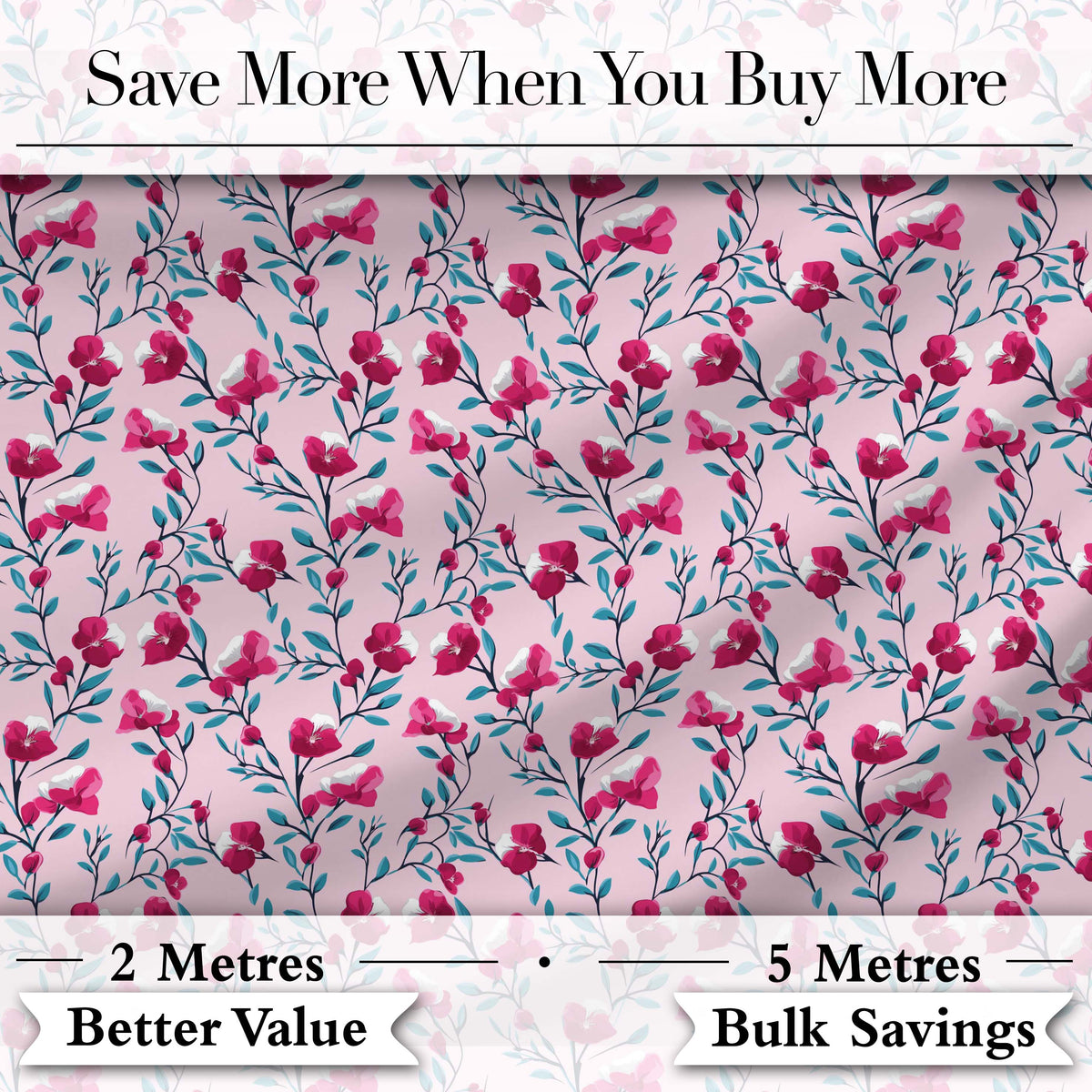 Modern Pink Floral Vine Pattern with Teal Leaves Seamless Pattern Digital Print Fabric by the Metre UK Sewing Quilting Textile