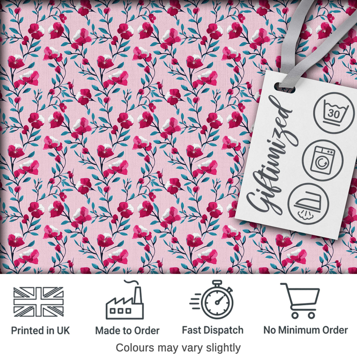 Modern Pink Floral Vine Pattern with Teal Leaves Seamless Pattern Digital Print Fabric by the Metre UK Sewing Quilting Textile