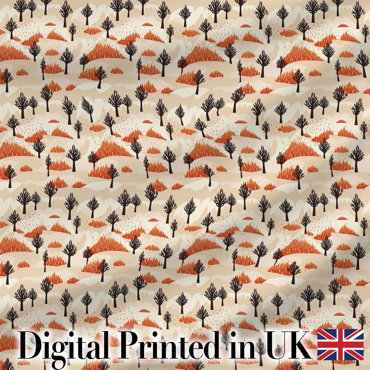 Minimal Burnt Landscape with Sparse Trees and Fire Accents Seamless Pattern Digital Print Fabric by the Metre UK Sewing Quilting Textile