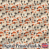 Minimal Burnt Landscape with Sparse Trees and Fire Accents Seamless Pattern Digital Print Fabric by the Metre UK Sewing Quilting Textile