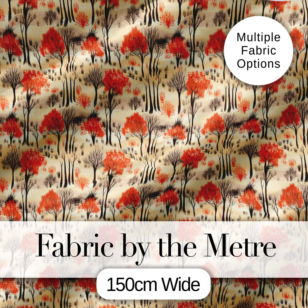 Autumn Woodland Scene with Red Trees and Neutral Hills Seamless Pattern Digital Print Fabric by the Metre UK Sewing Quilting Textile