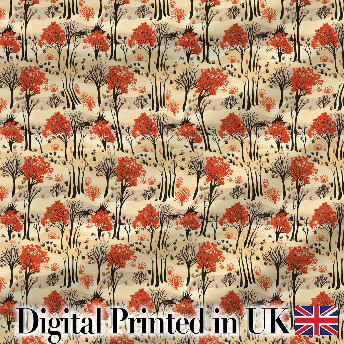 Autumn Woodland Scene with Red Trees and Neutral Hills Seamless Pattern Digital Print Fabric by the Metre UK Sewing Quilting Textile