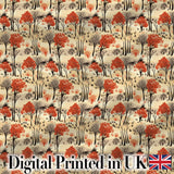 Autumn Woodland Scene with Red Trees and Neutral Hills Seamless Pattern Digital Print Fabric by the Metre UK Sewing Quilting Textile
