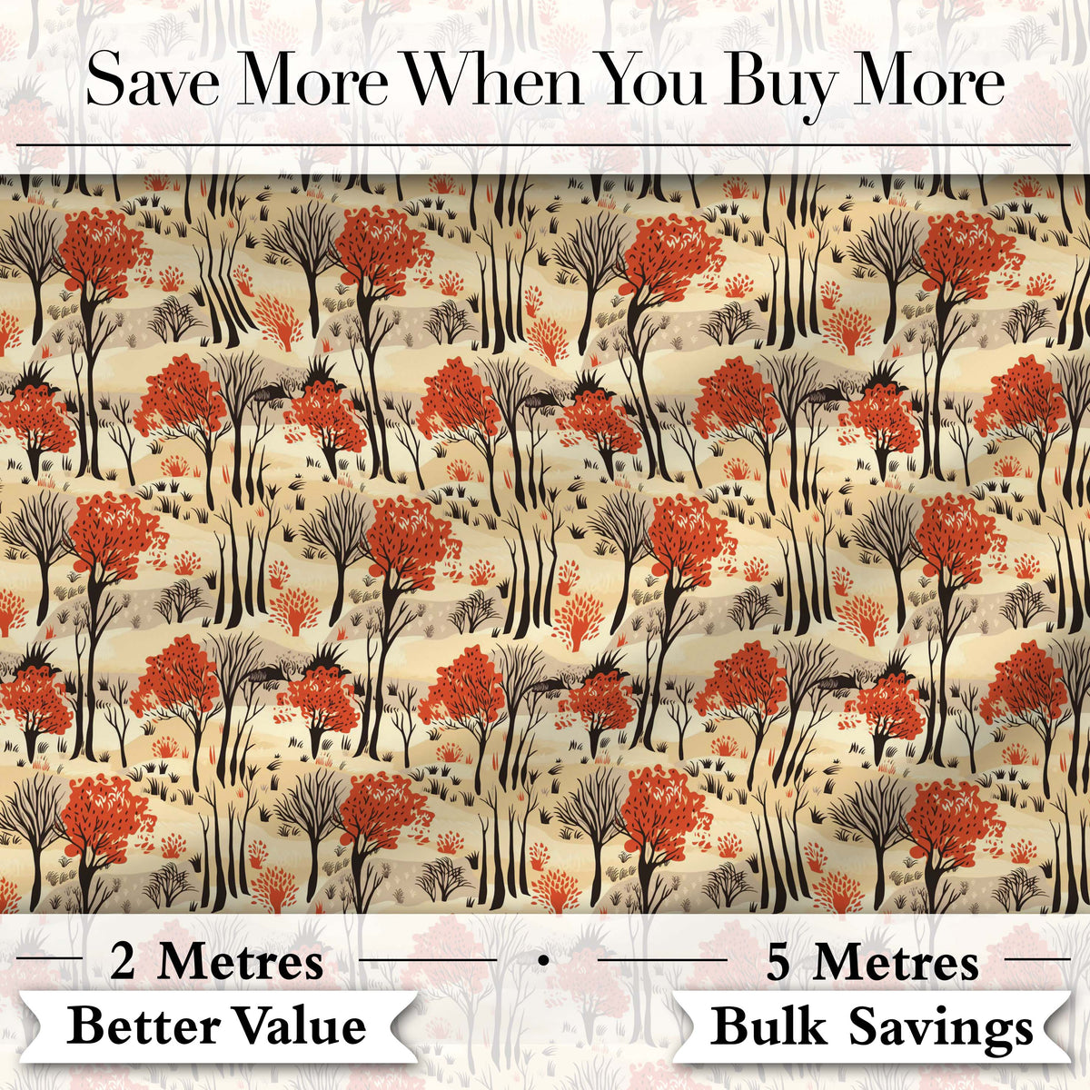 Autumn Woodland Scene with Red Trees and Neutral Hills Seamless Pattern Digital Print Fabric by the Metre UK Sewing Quilting Textile