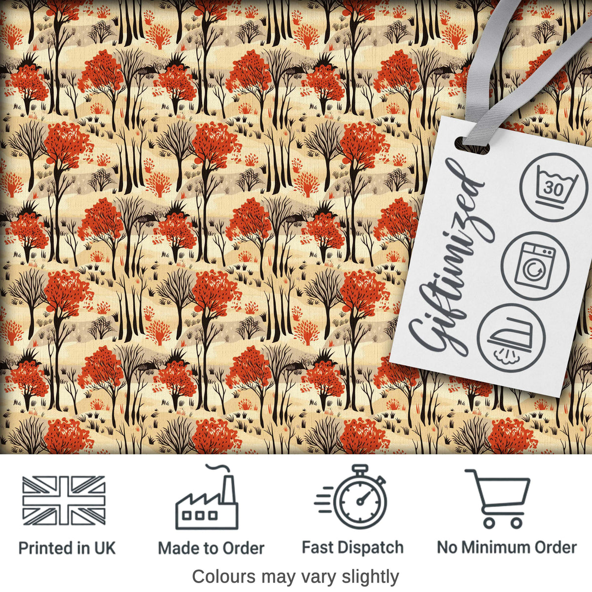 Autumn Woodland Scene with Red Trees and Neutral Hills Seamless Pattern Digital Print Fabric by the Metre UK Sewing Quilting Textile