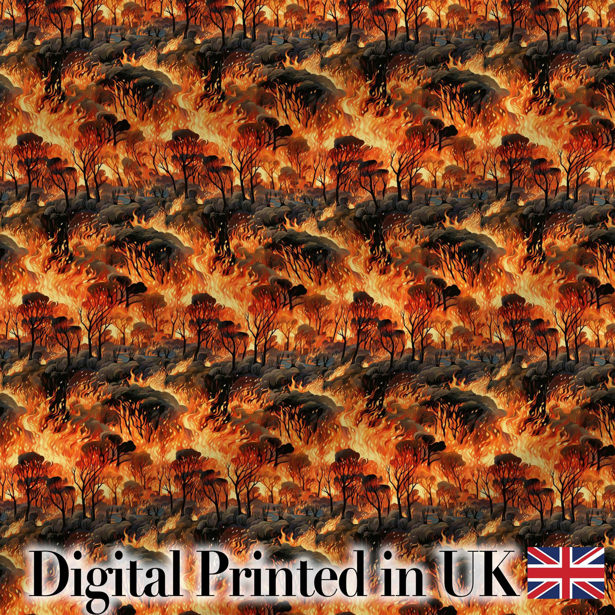 Wildfire Forest Landscape with Intense Burning Trees Seamless Pattern Digital Print Fabric by the Metre UK Sewing Quilting Textile