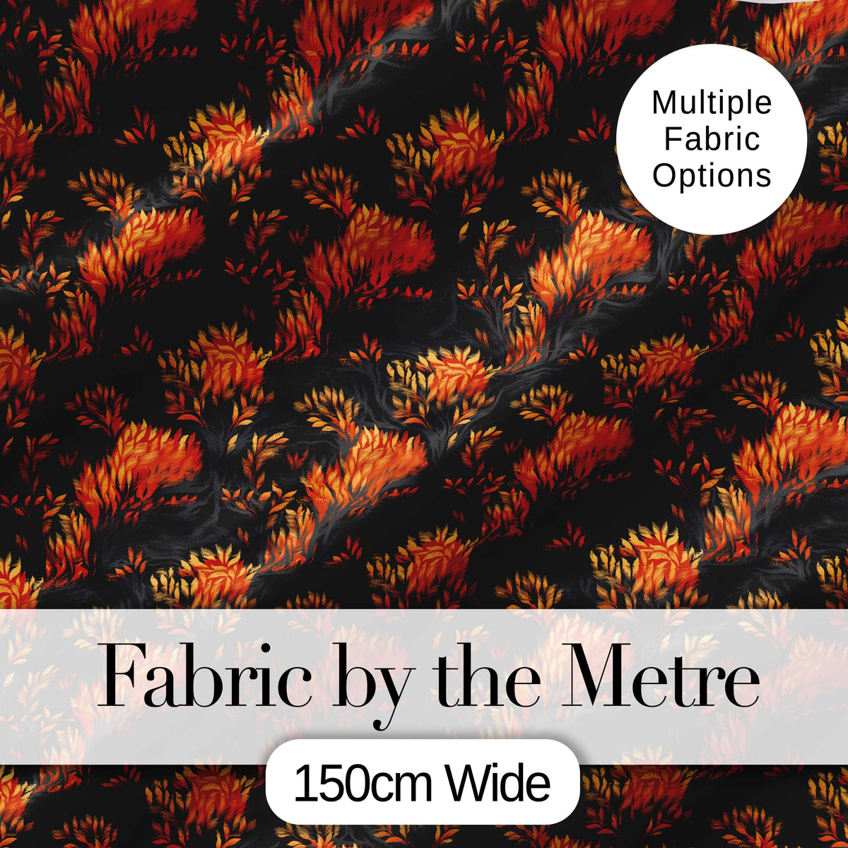 Dark Autumn Leaves with Orange Highlights on Black Seamless Pattern Digital Print Fabric by the Metre UK Sewing Quilting Textile