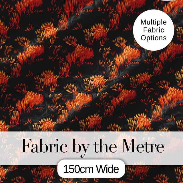Dark Autumn Leaves with Orange Highlights on Black Seamless Pattern Digital Print Fabric by the Metre UK Sewing Quilting Textile