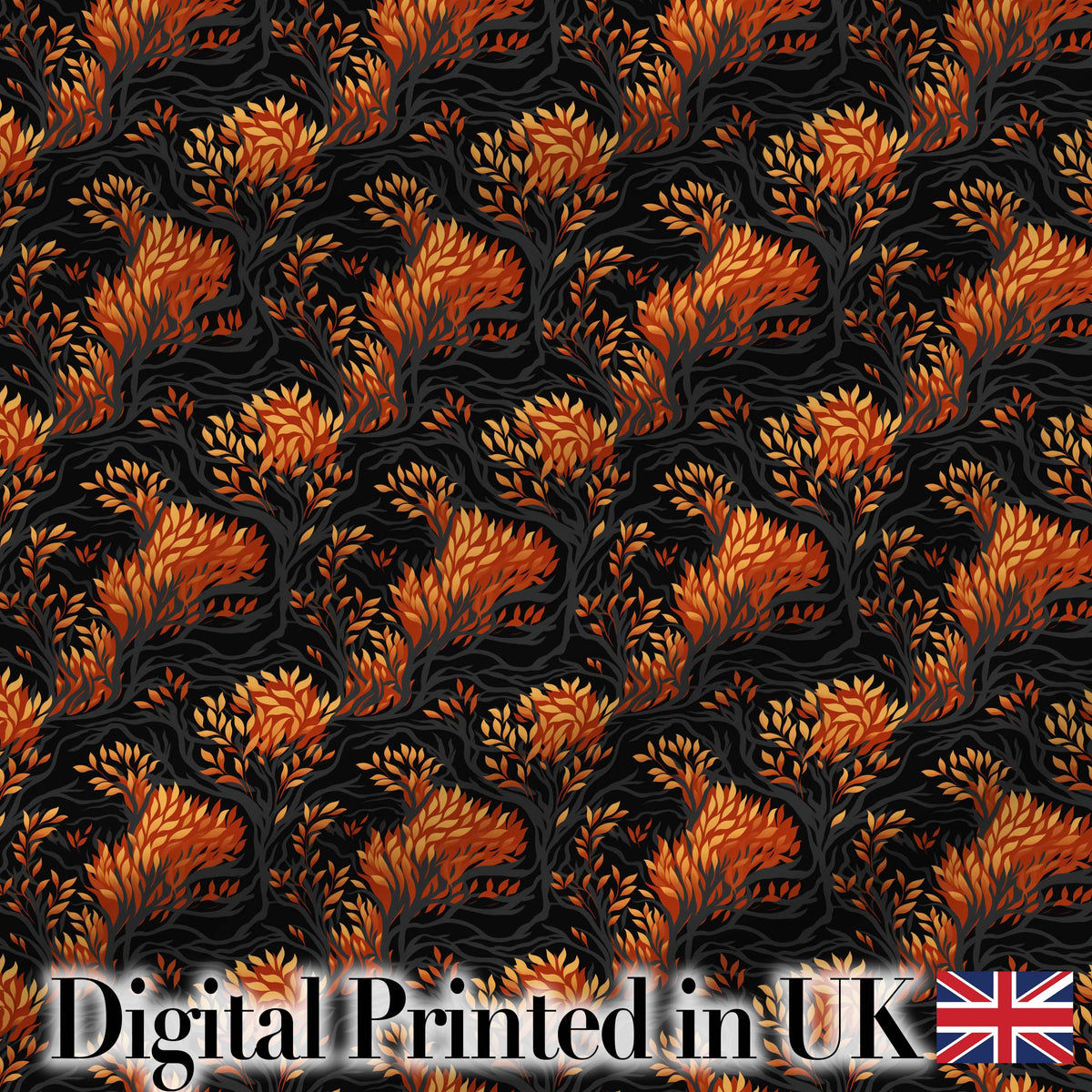 Dark Autumn Leaves with Orange Highlights on Black Seamless Pattern Digital Print Fabric by the Metre UK Sewing Quilting Textile