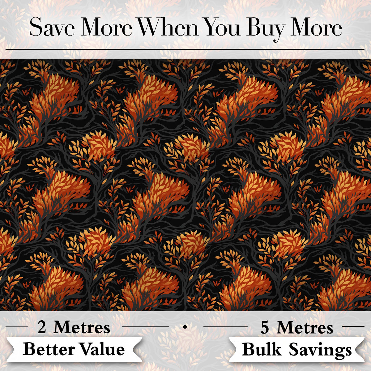 Dark Autumn Leaves with Orange Highlights on Black Seamless Pattern Digital Print Fabric by the Metre UK Sewing Quilting Textile