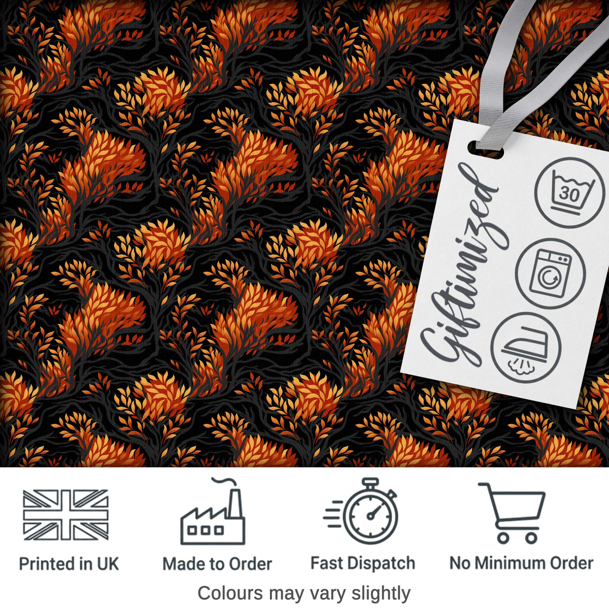 Dark Autumn Leaves with Orange Highlights on Black Seamless Pattern Digital Print Fabric by the Metre UK Sewing Quilting Textile