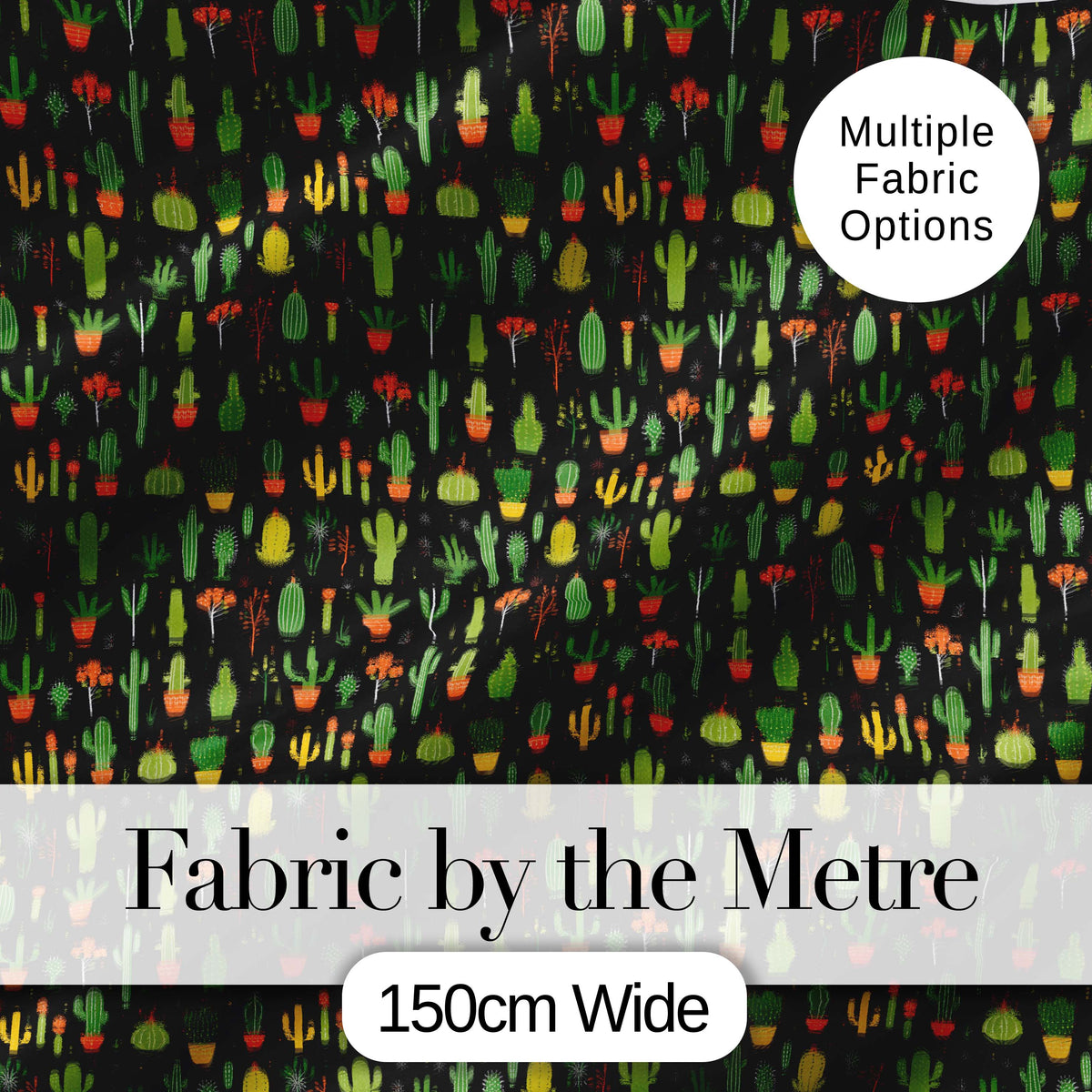 Cute Cartoon Cactus Collection on Dark Background Seamless Pattern Digital Print Fabric by the Metre UK Sewing Quilting Textile