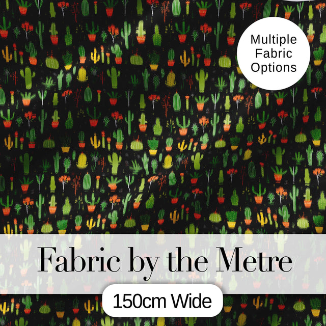 Cute Cartoon Cactus Collection on Dark Background Seamless Pattern Digital Print Fabric by the Metre UK Sewing Quilting Textile