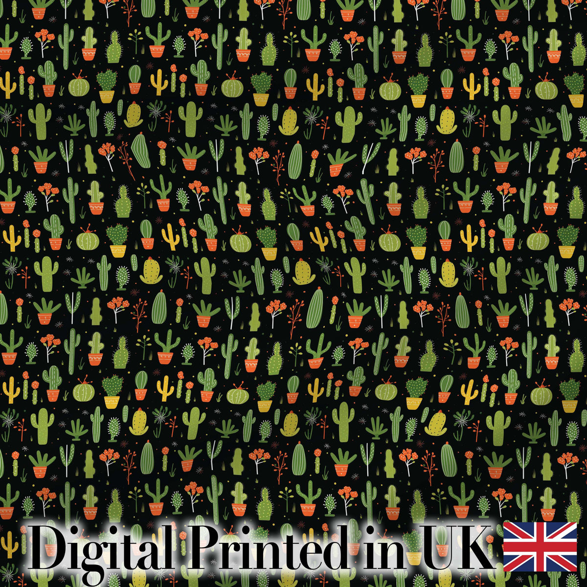Cute Cartoon Cactus Collection on Dark Background Seamless Pattern Digital Print Fabric by the Metre UK Sewing Quilting Textile