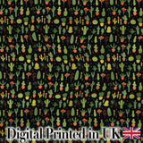 Cute Cartoon Cactus Collection on Dark Background Seamless Pattern Digital Print Fabric by the Metre UK Sewing Quilting Textile