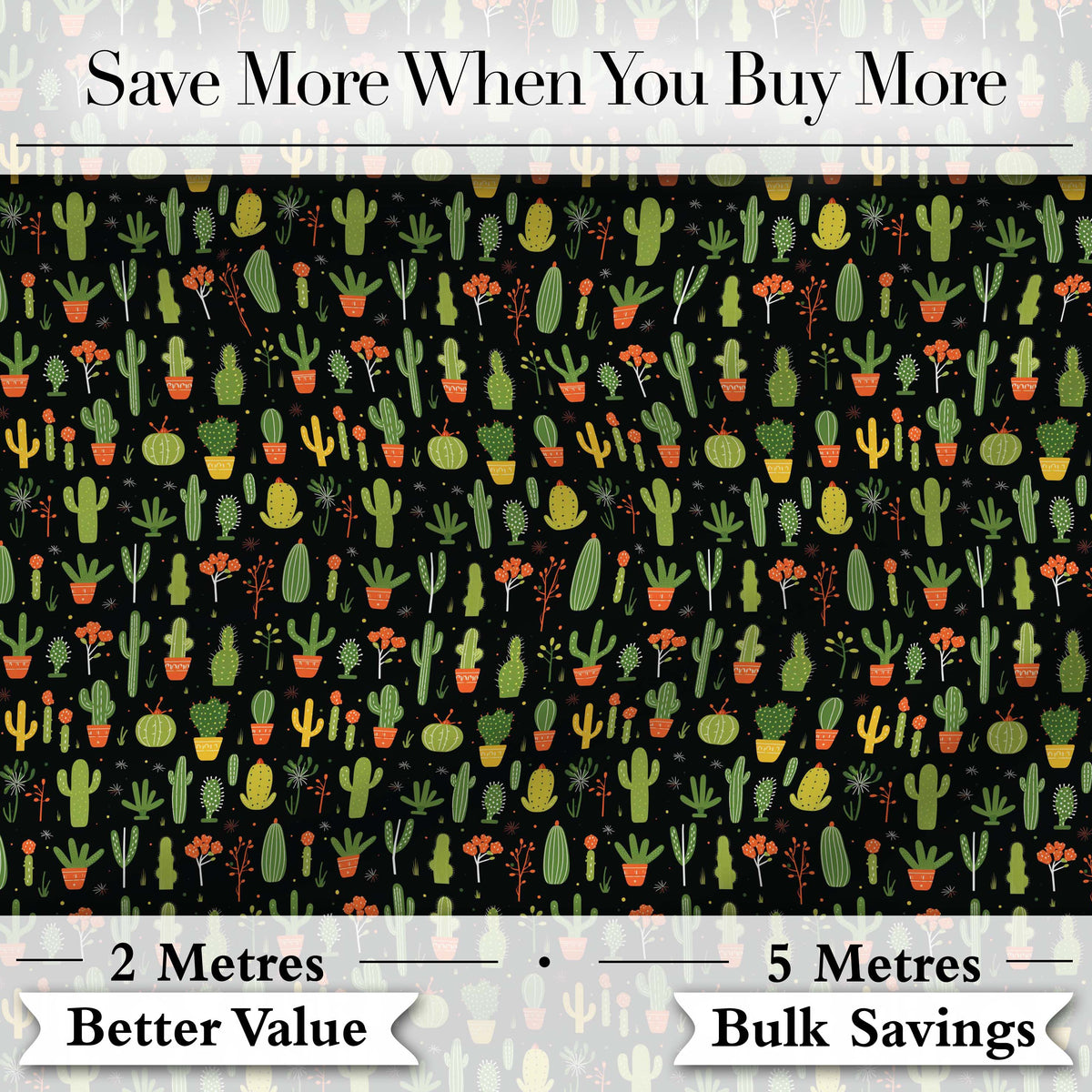 Cute Cartoon Cactus Collection on Dark Background Seamless Pattern Digital Print Fabric by the Metre UK Sewing Quilting Textile