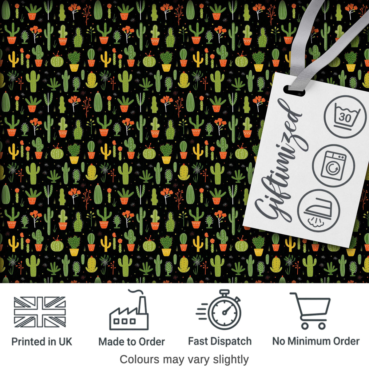 Cute Cartoon Cactus Collection on Dark Background Seamless Pattern Digital Print Fabric by the Metre UK Sewing Quilting Textile