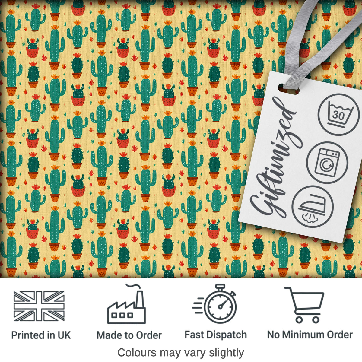 Stylised Green Cactus Plants with Orange Flowers Seamless Pattern Digital Print Fabric by the Metre UK Sewing Quilting Textile