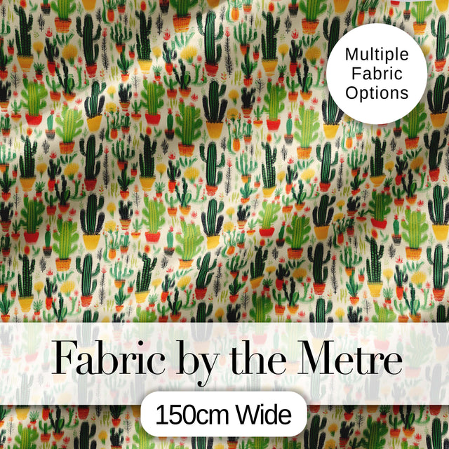 Whimsical Mixed Cactus and Succulent Illustration Seamless Pattern Digital Print Fabric by the Metre UK Sewing Quilting Textile