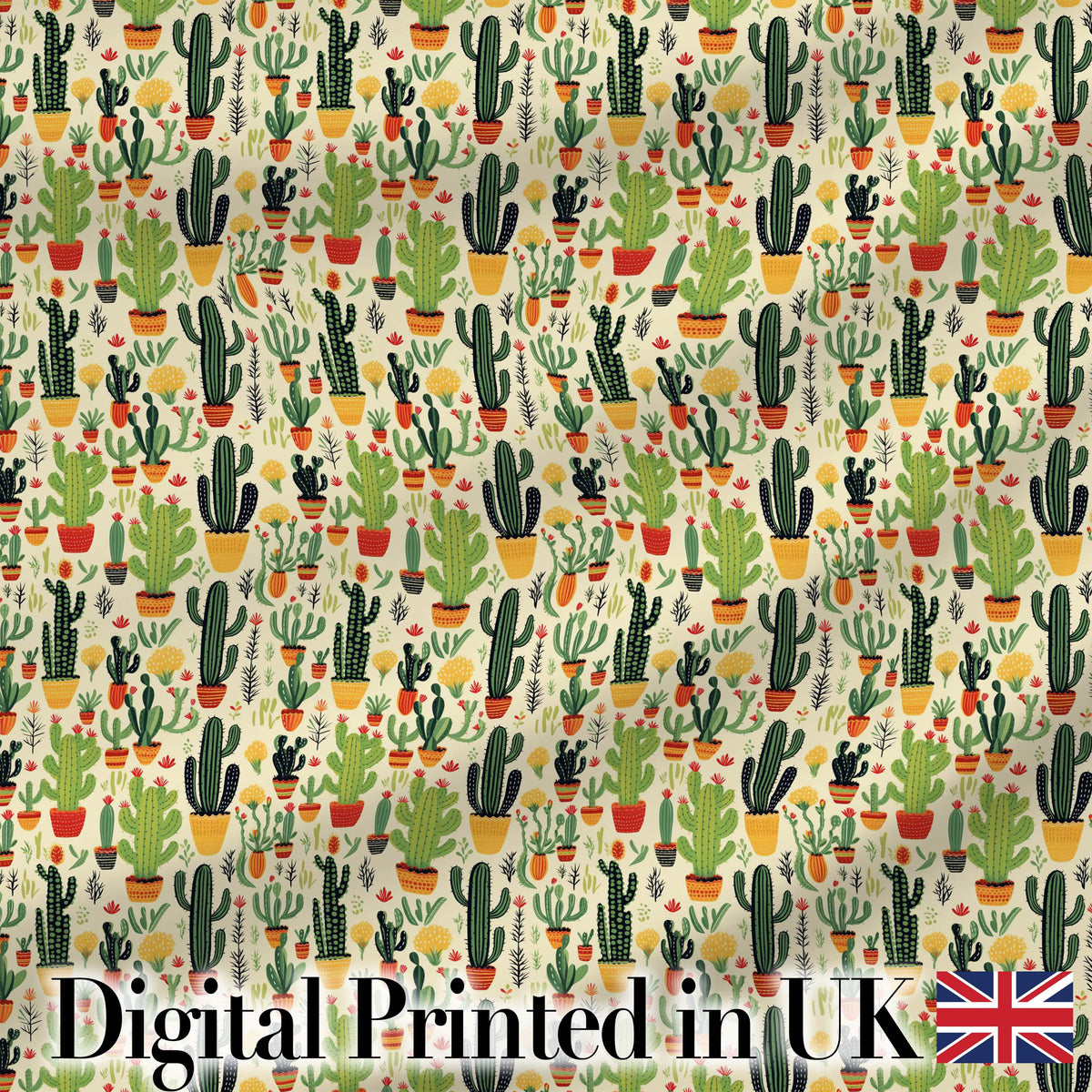 Whimsical Mixed Cactus and Succulent Illustration Seamless Pattern Digital Print Fabric by the Metre UK Sewing Quilting Textile